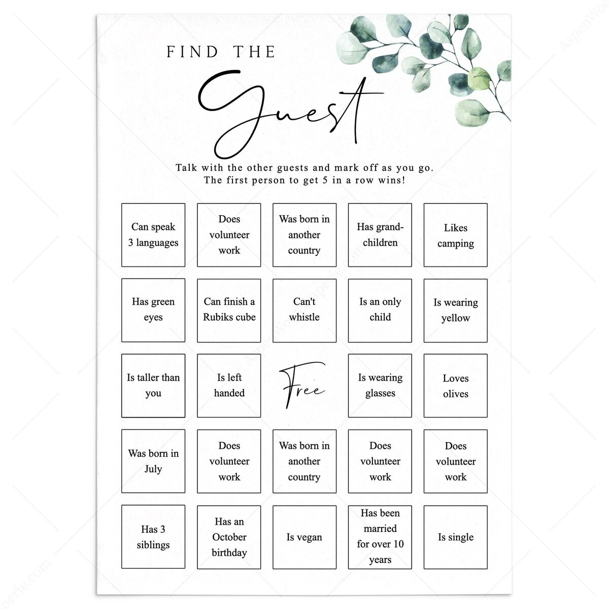 Eucalyptus Baby Shower Find The Guest Bingo Card Printable within Find The Guest Bingo Free Printable