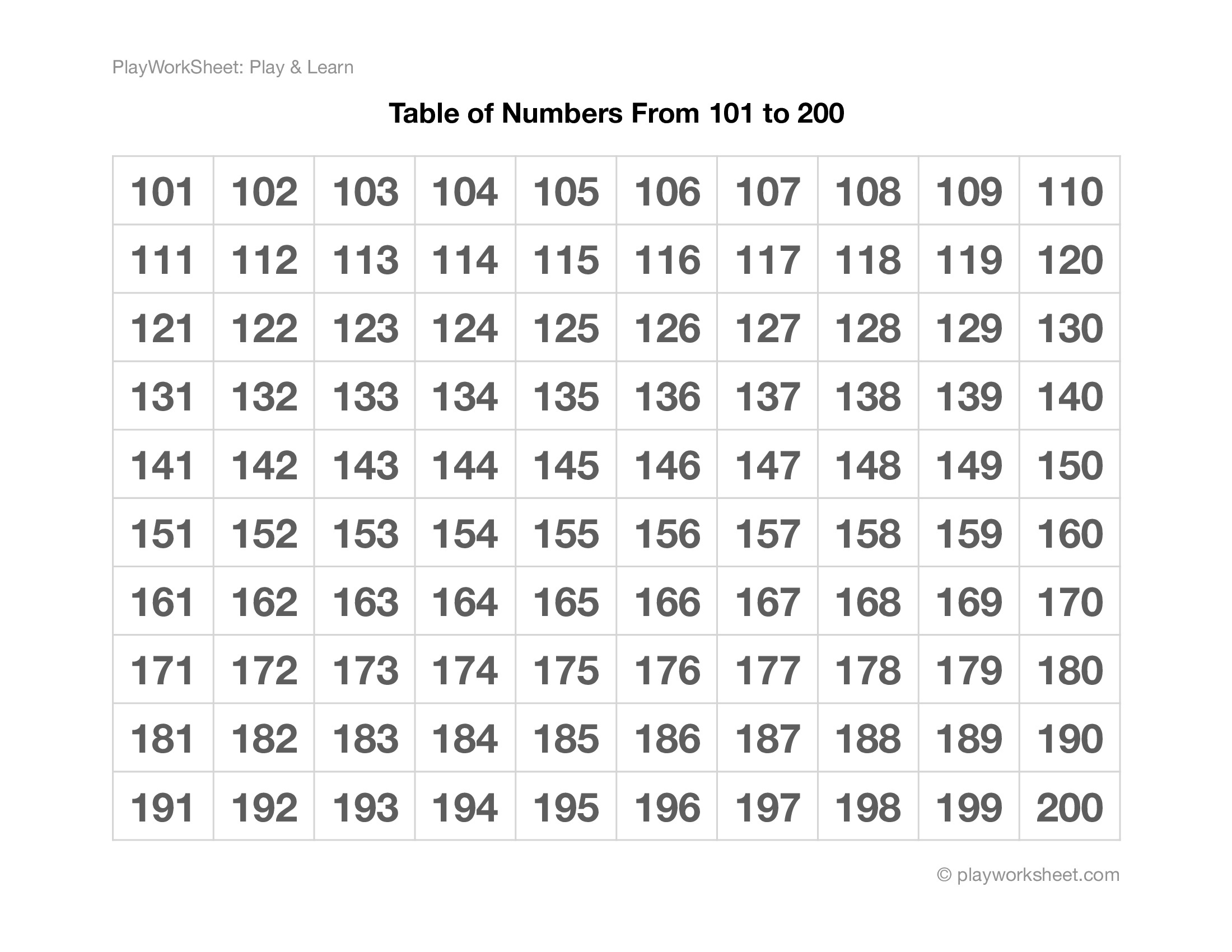 Exploring Numbers: The Number Table From 101 To 200 And Outlines intended for Printable Free 101-200 Chart Printable