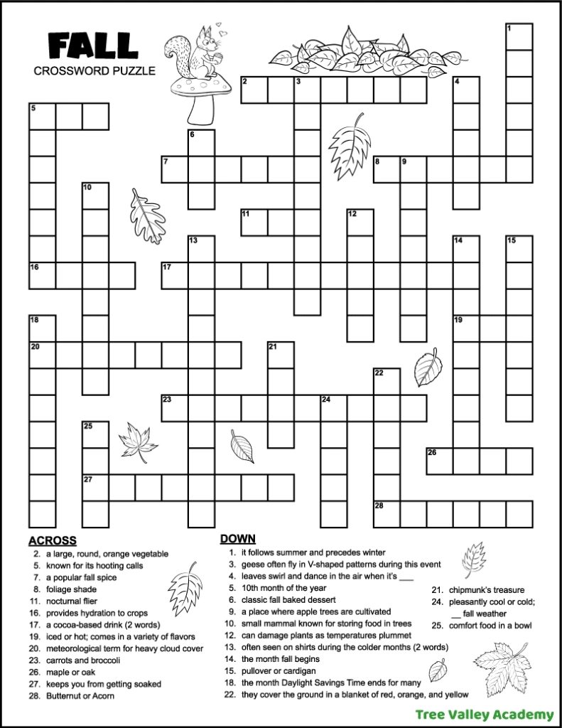 Fall Crossword Puzzle For Middle School - Tree Valley Academy with Printable Crossword Puzzels