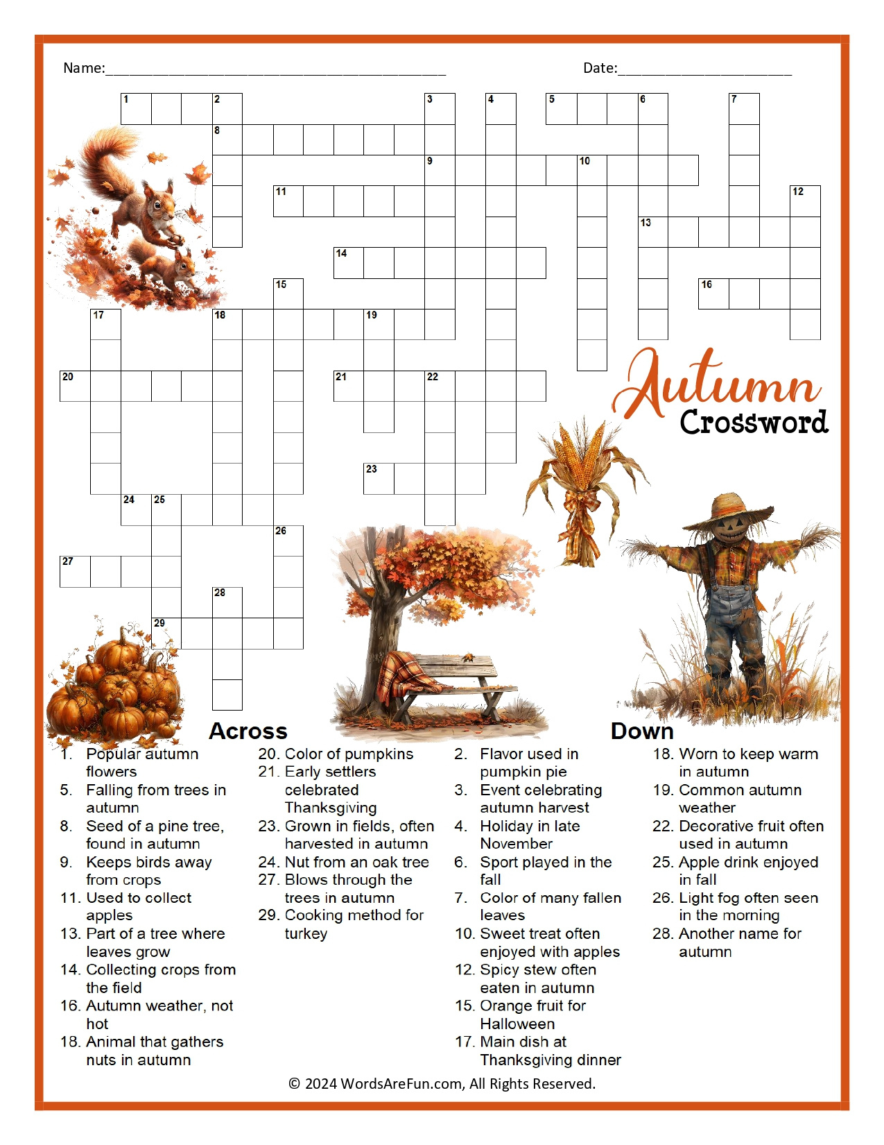 Fall Crosswords in Autumn Crosswords Printable