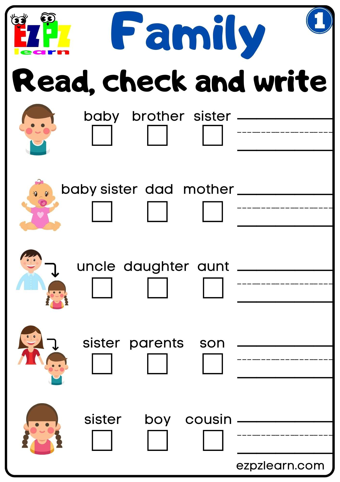 Family Vocabulary Read Check And Write Activity For K5 Students throughout Free Printable Worksheets K 5