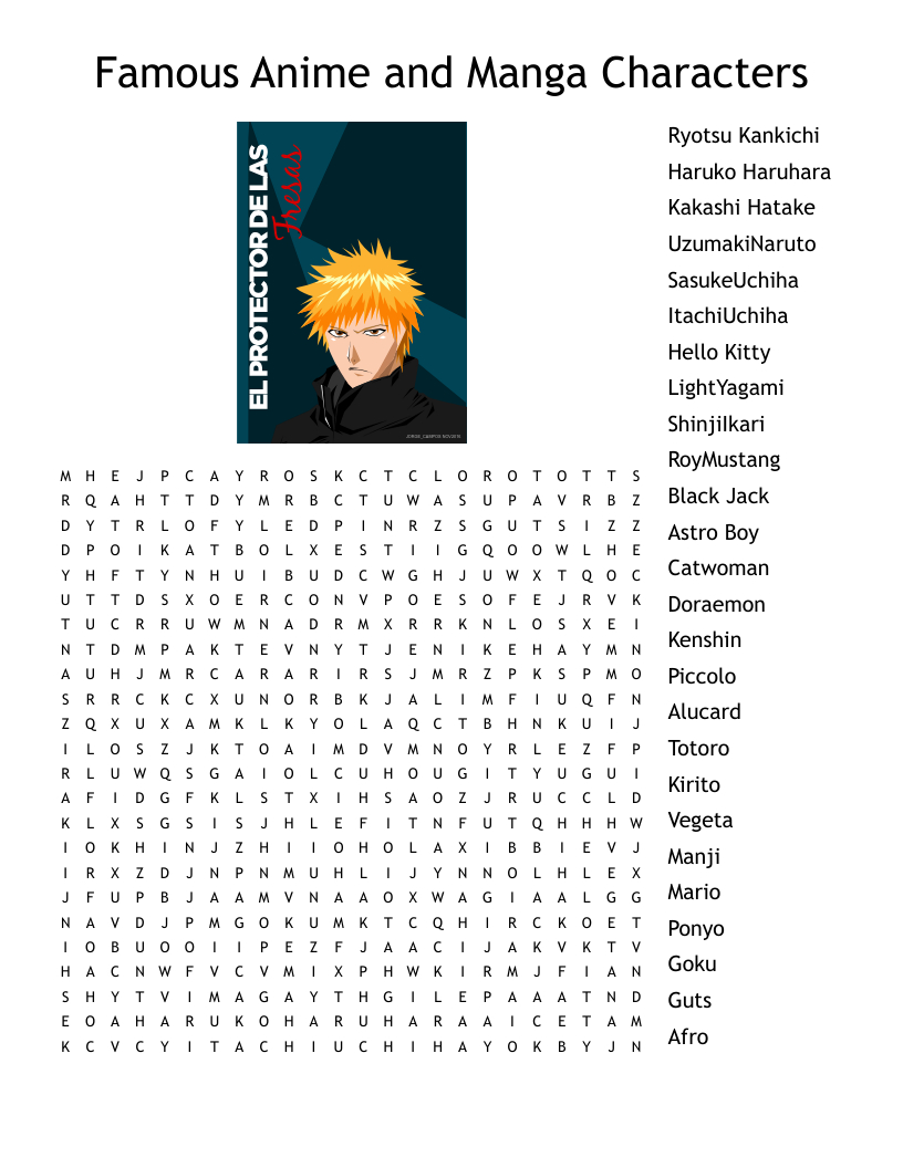 Famous Anime And Manga Characters Word Search - Wordmint intended for Anime Word Search Printable