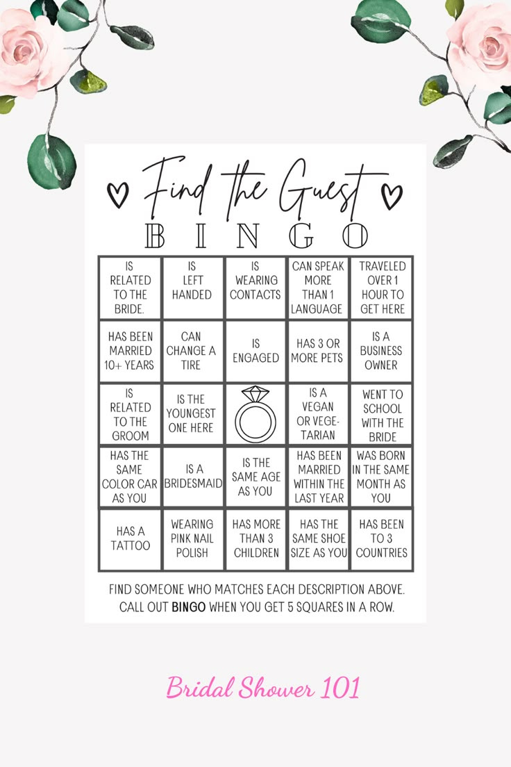 Find The Guest Bingo | Bridal Shower 101 in Find The Guest Bingo Free Printable