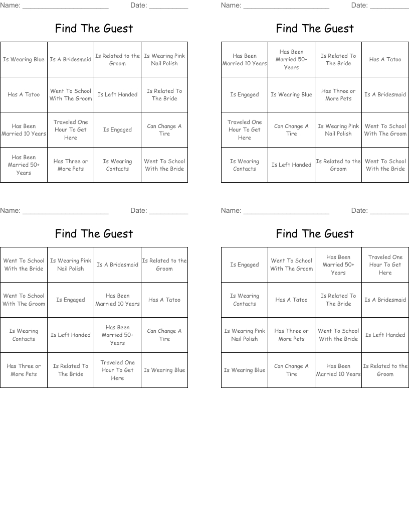 Find The Guest Bingo Cards - Wordmint for Find The Guest Bingo Free Printable