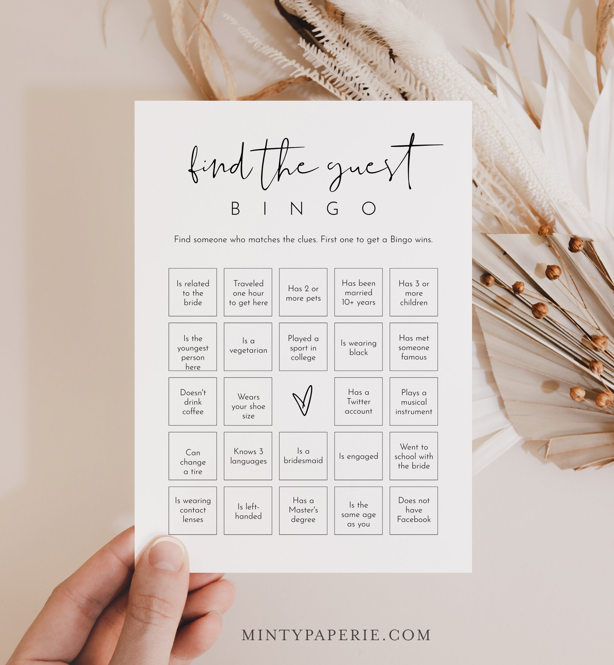 Find The Guest Bingo Game, Minimalist Bridal Shower Bingo, Social throughout Find The Guest Bingo Free Printable