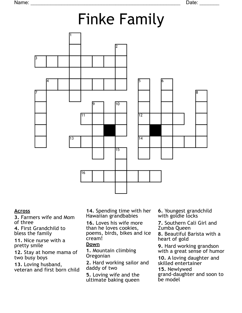 Finke Family Crossword - Wordmint pertaining to Oregonian Crossword Puzzle Printable