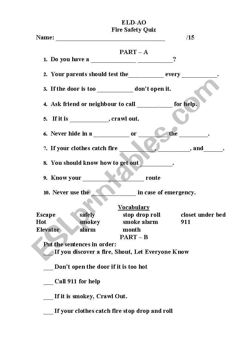 Fire Safety Quiz - Esl Worksheethansari9119 pertaining to Printable Fire Safety Quiz