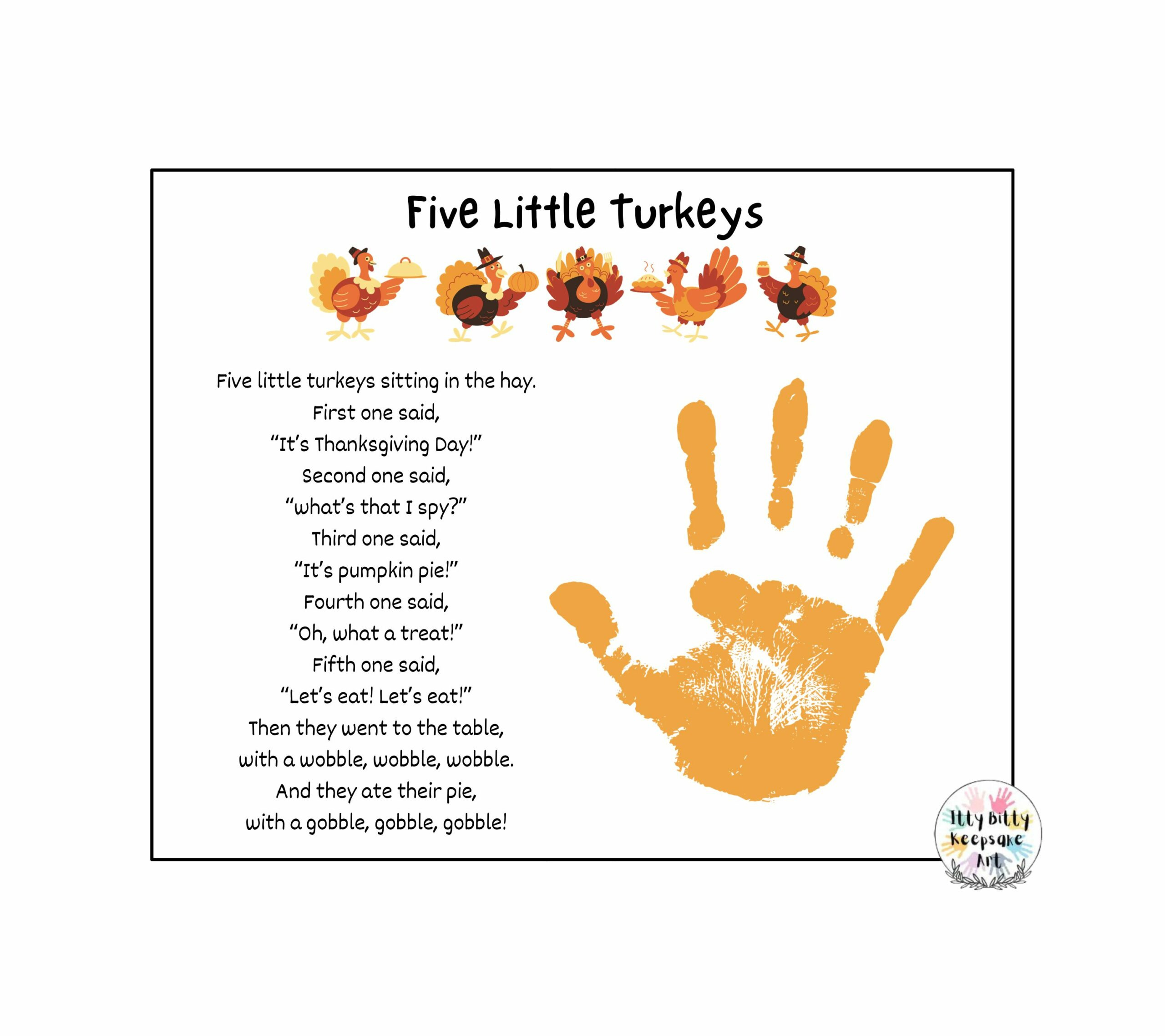 Five Little Turkeys Poem Handprint Craft Art Printable Template intended for 5 Little Turkeys Printable