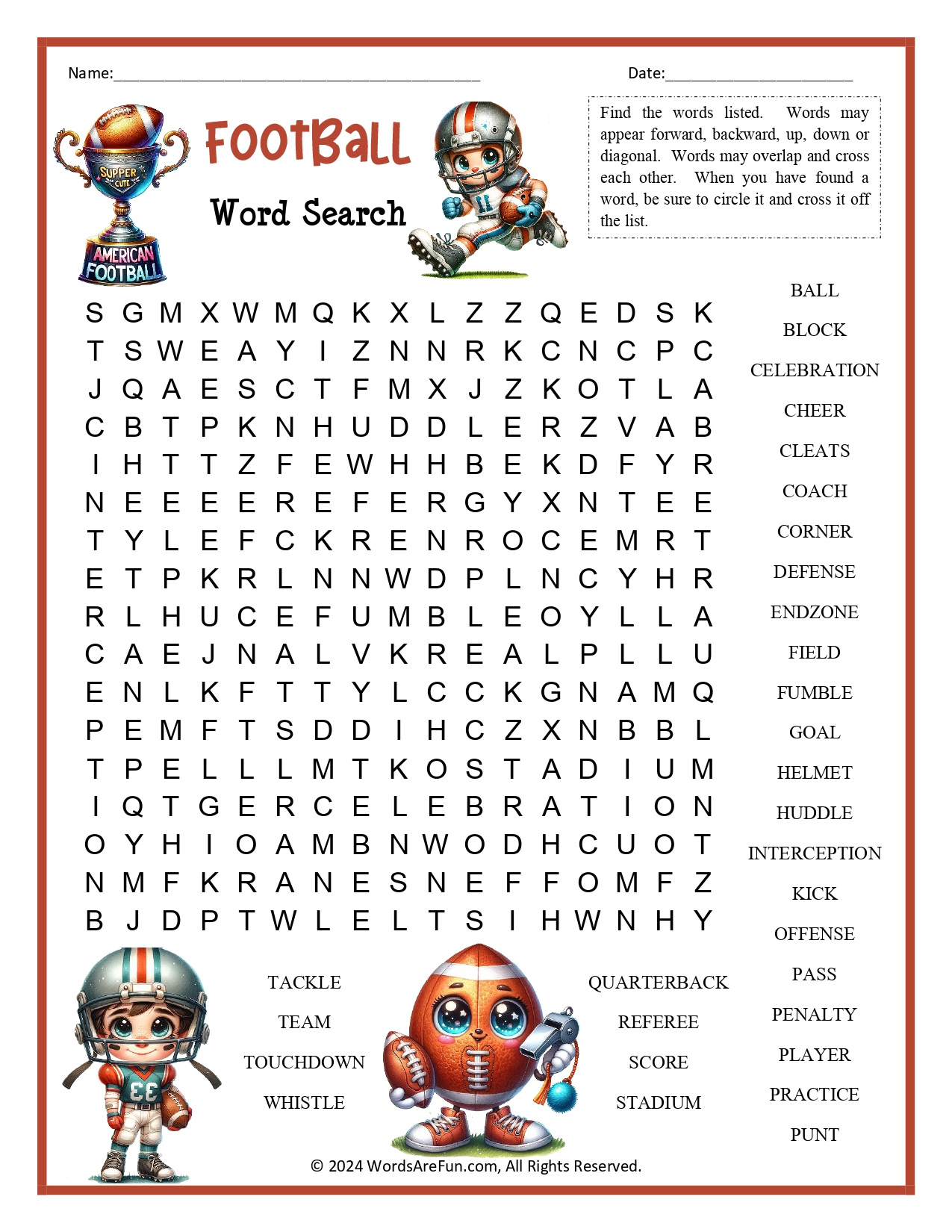 Football Word Search For Kids intended for Football Word Search Free Printable