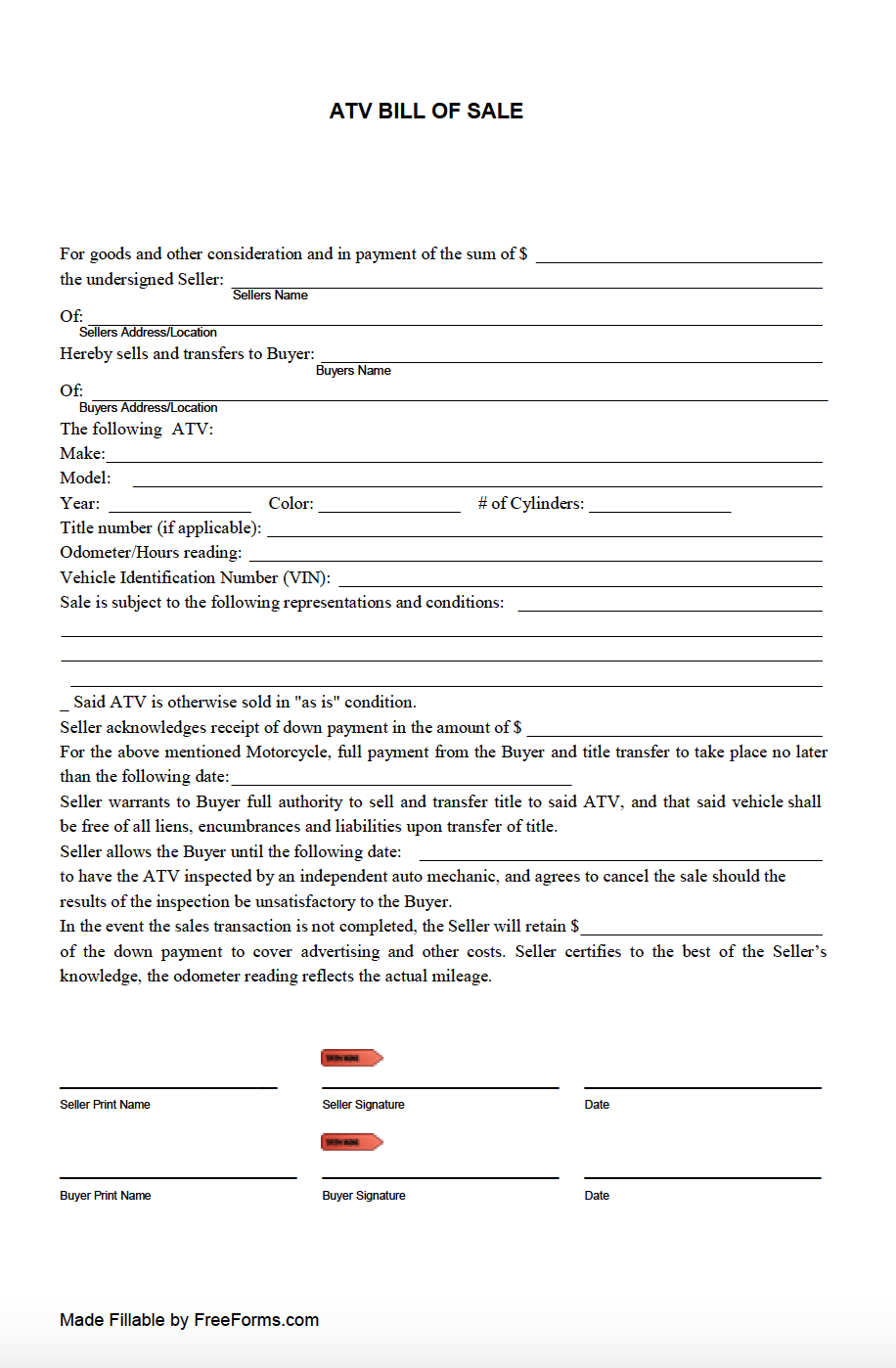 Free All-Terrain Vehicle (Atv) Bill Of Sale Form | Pdf pertaining to Printable Atv Bill Of Sale