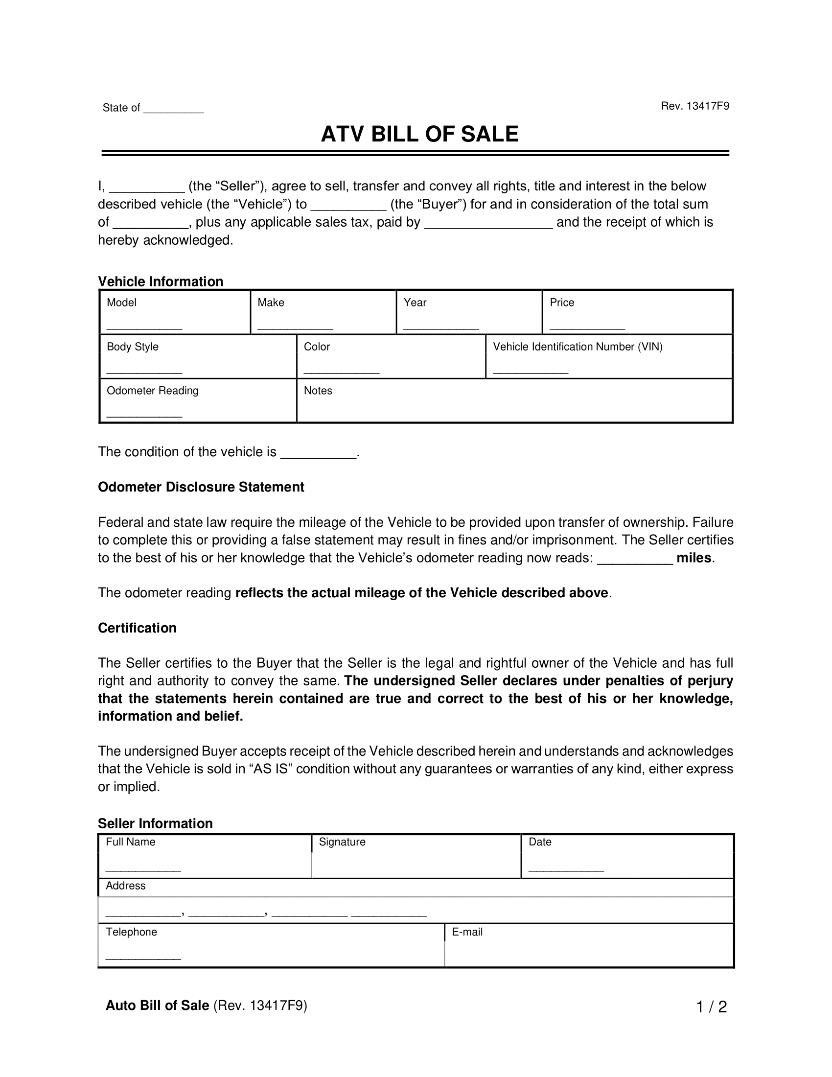 Free All-Terrain Vehicle (Atv) Bill Of Sale Form| Pdf &amp;amp; Word inside Printable Atv Bill of Sale