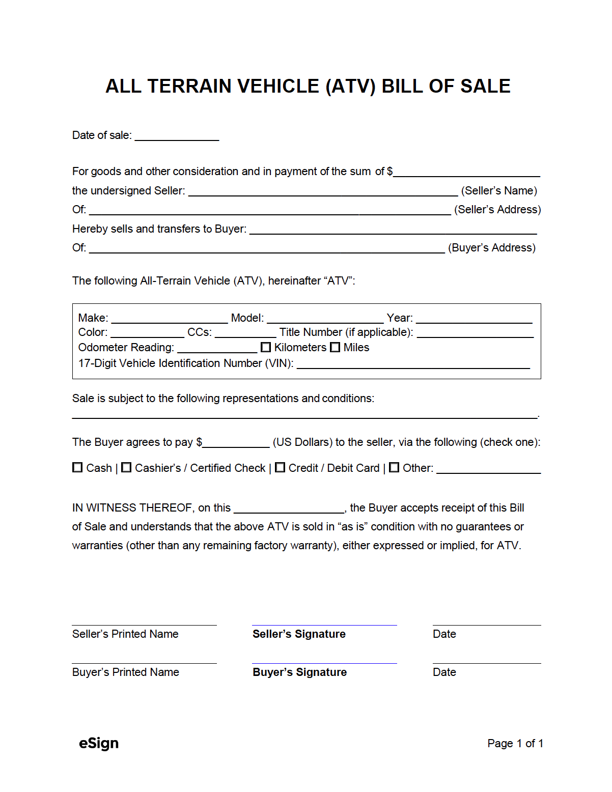 Free Atv Bill Of Sale Form | Pdf | Word throughout Printable Atv Bill Of Sale