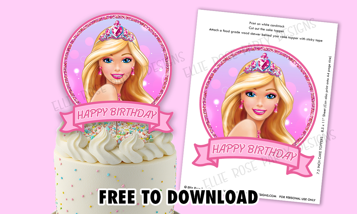 Free Barbie Cake Topper Printables! | Ellierosepartydesigns for Free Printable Barbie Cupcake Toppers