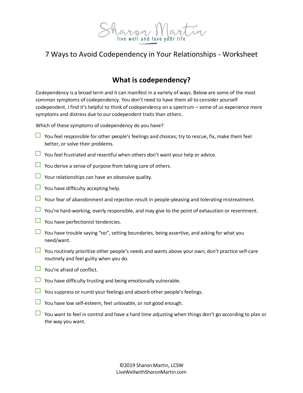 Free Codependency Worksheets - Live Well With Sharon Martin pertaining to Free Printable Codependency Worksheets