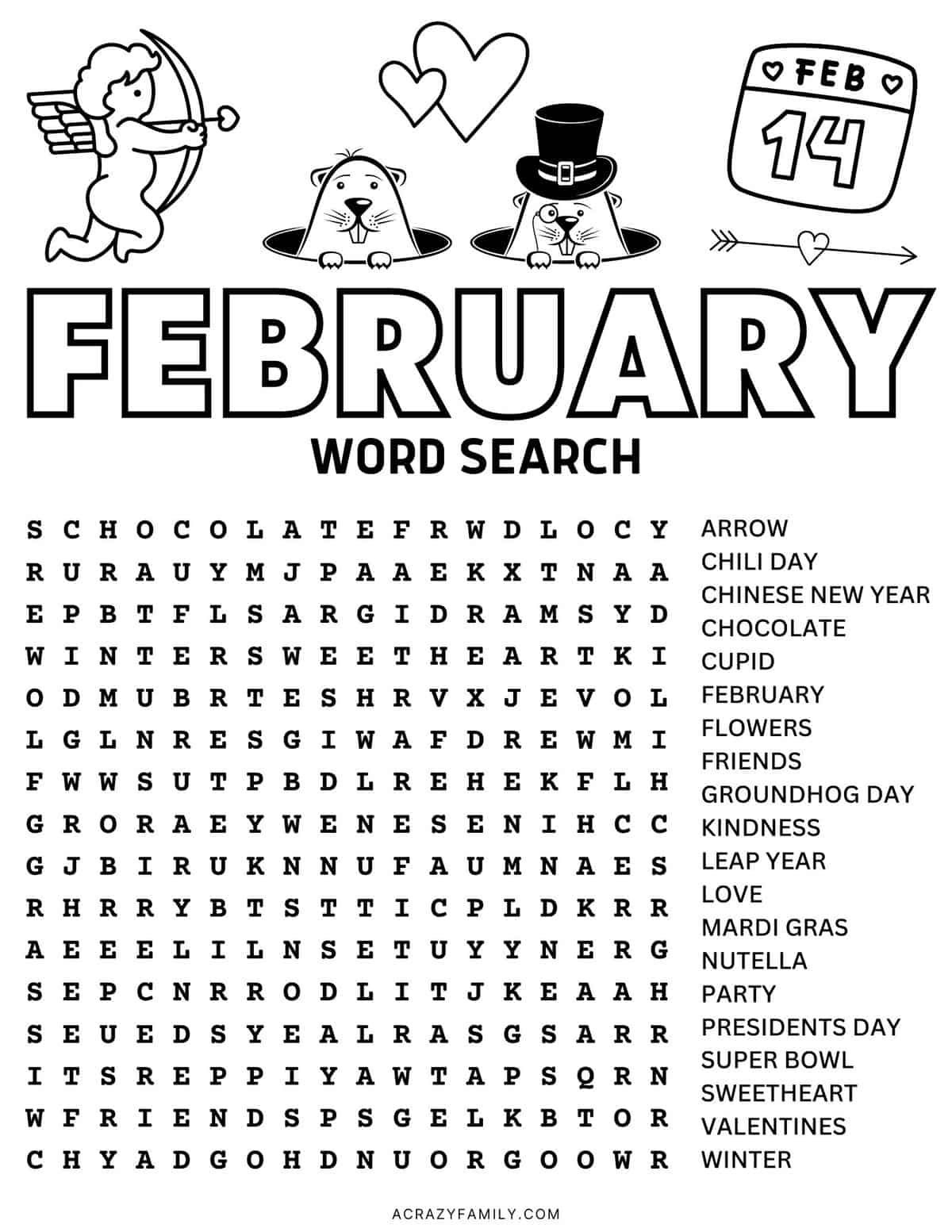 Free February Word Search Printable for February Word Search Printable