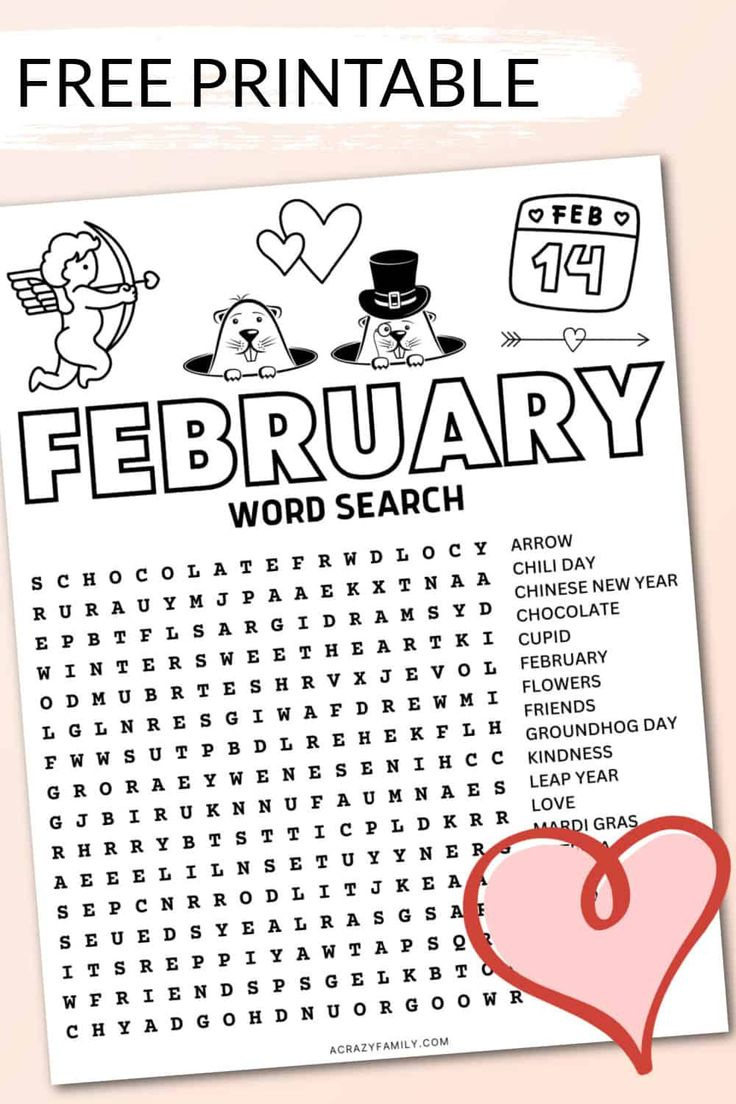 Free February Word Search Printable in February Word Search Printable
