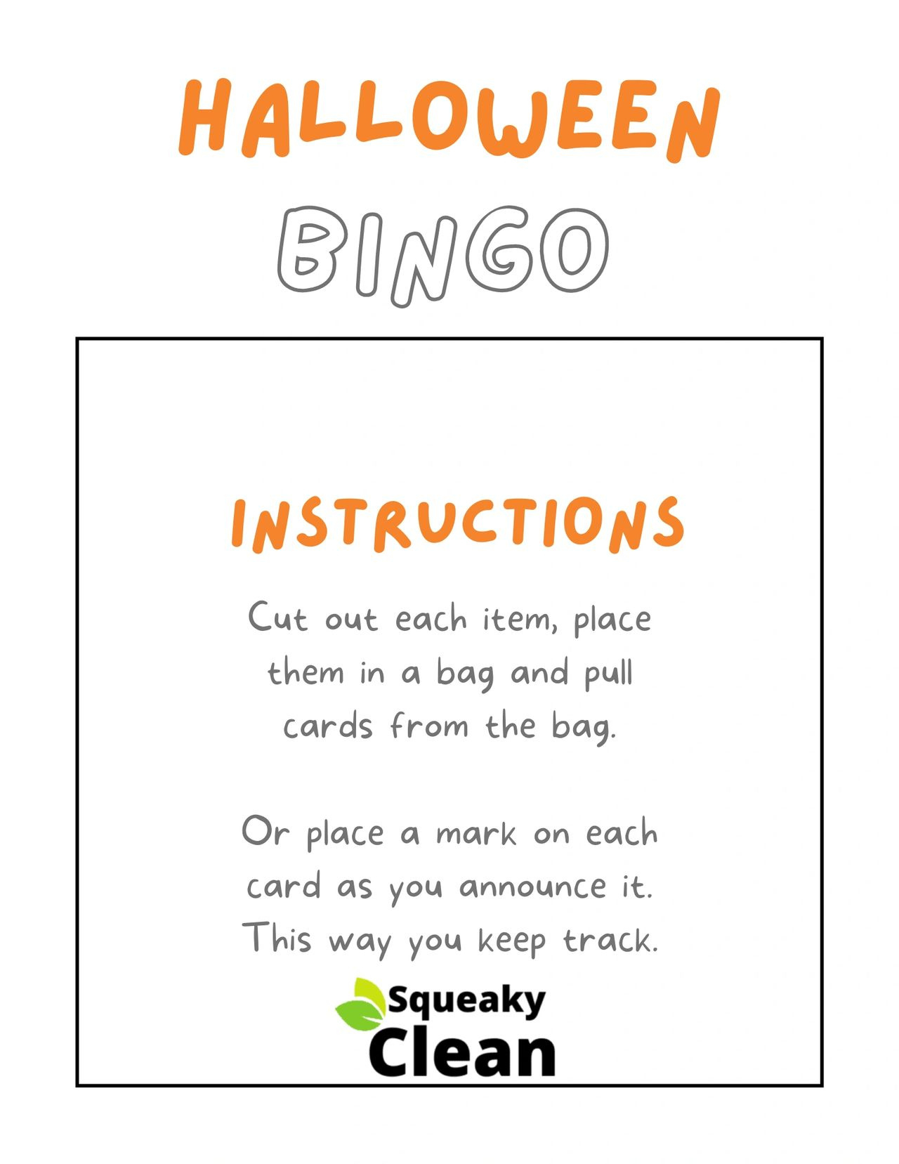 Free Halloween Bingo Game | Squeaky Clean Inc. with Bingo Card Game Rules