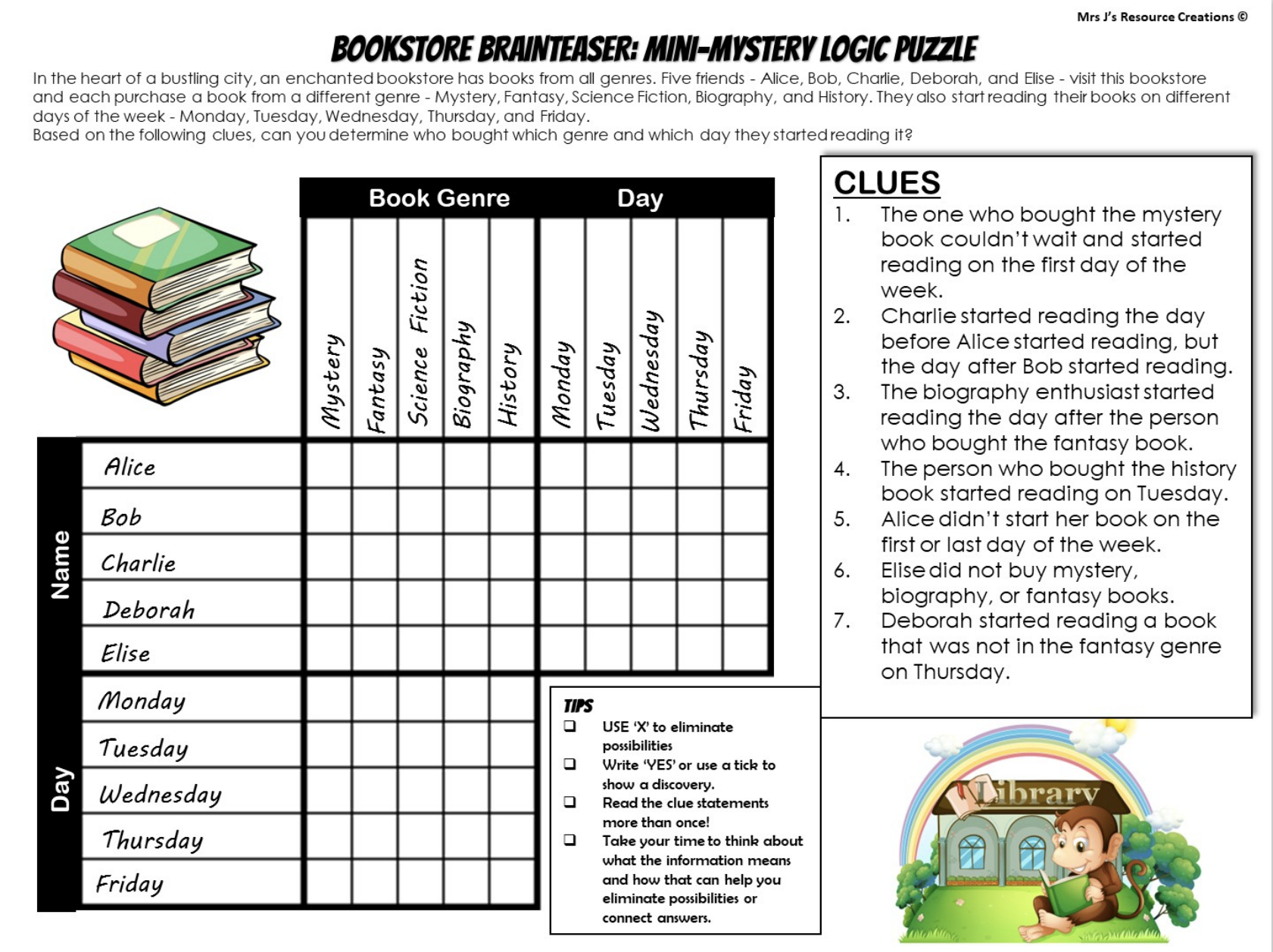 Free Mystery Logic Puzzle For Book Week - Top-Rated Teaching within Free Printable Logic Puzzles With Grids