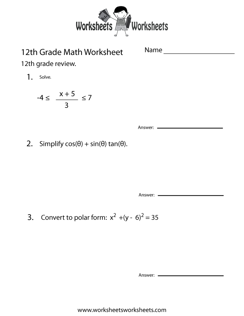 Free Printable 12Th Grade Math Review Worksheet pertaining to 12th Grade Free Printable Worksheet