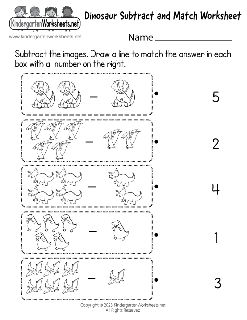 Free Printable Dinosaur Subtract And Match Worksheet pertaining to Subtract and Match Worksheet Printable