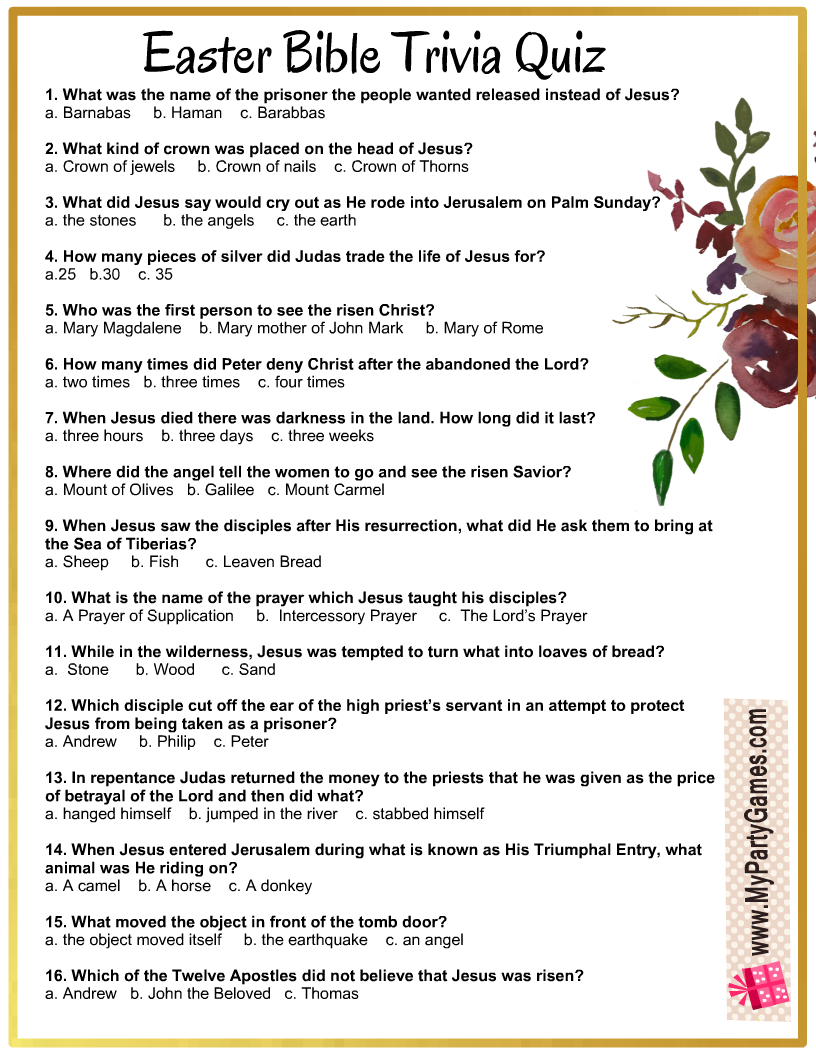 Free Printable Easter Bible Trivia Quiz With Answer Key for Easter Bible Trivia Questions and Answers Printable