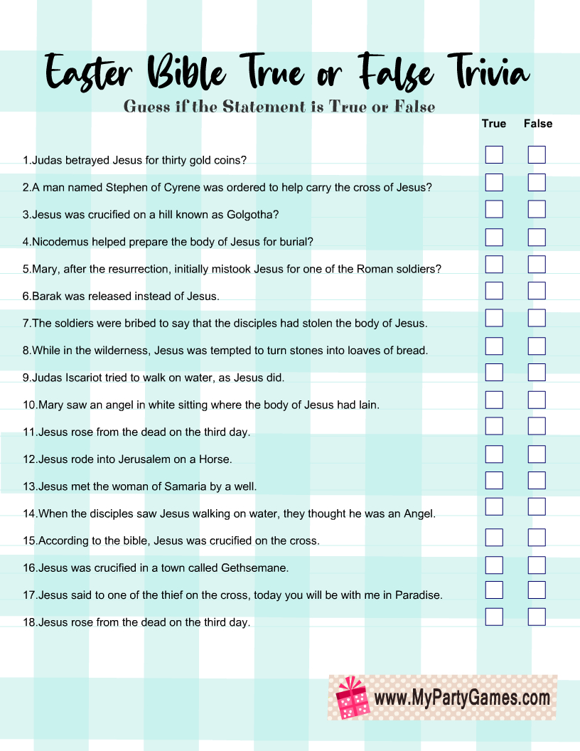 Free Printable Easter Bible True Or False Trivia Quiz throughout Easter Bible Trivia Questions And Answers Printable