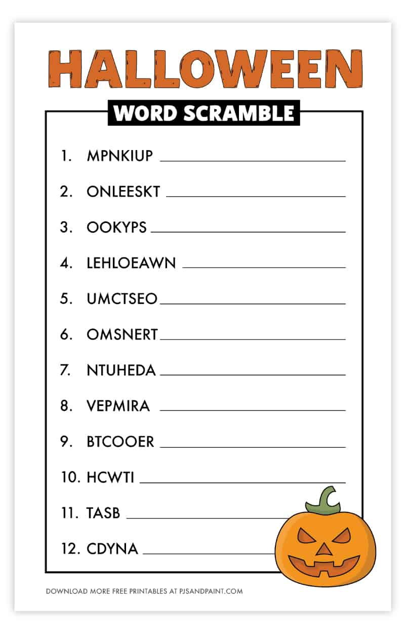 Free Printable Halloween Word Scramble - Pjs And Paint for Free Printable Halloween Word Scramble