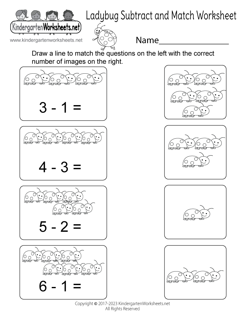 Free Printable Ladybug Subtract And Match Worksheet with Ladybug Subtract and Match Worksheet