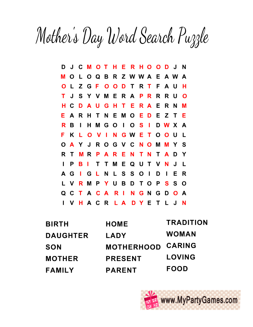 Free Printable Mother&amp;#039;S Day Word Search Puzzle With Key intended for Mother&amp;#039;S Day Word Search Free Printable