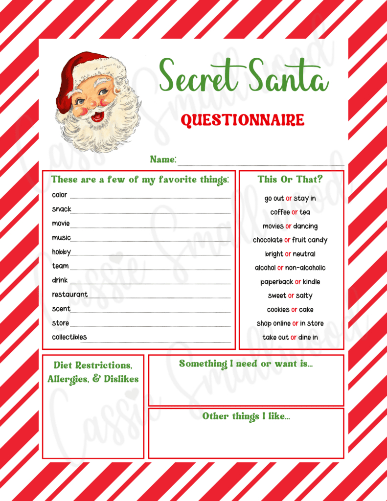 Free Printable Secret Santa Questionnaire Templates - Cassie Smallwood with regard to Secret Santa Form Free Printable