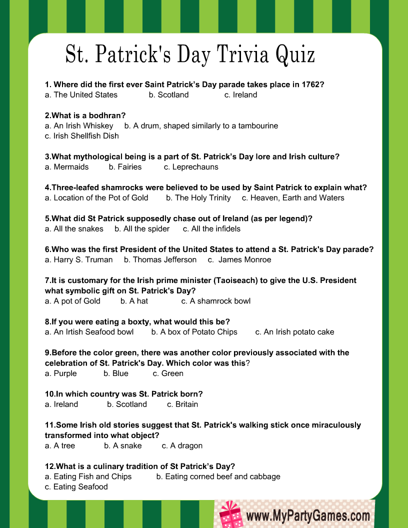 Free Printable St. Patrick&amp;#039;S Day Trivia Quiz with regard to St Patrick&amp;amp;#039;s Day Trivia Printable