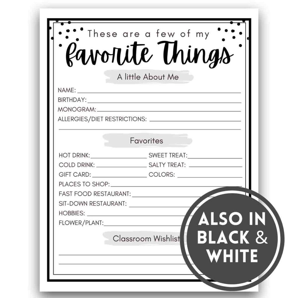 Free! Printable Teacher Favorite Things - Mindymakes pertaining to Teacher Favorites Questionnaire Free Printable