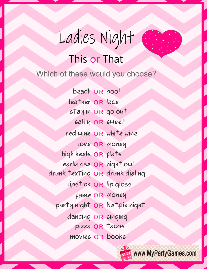 Free Printable This Or That, Ladies&amp;#039; Night Game throughout Ladies Night Printable Games