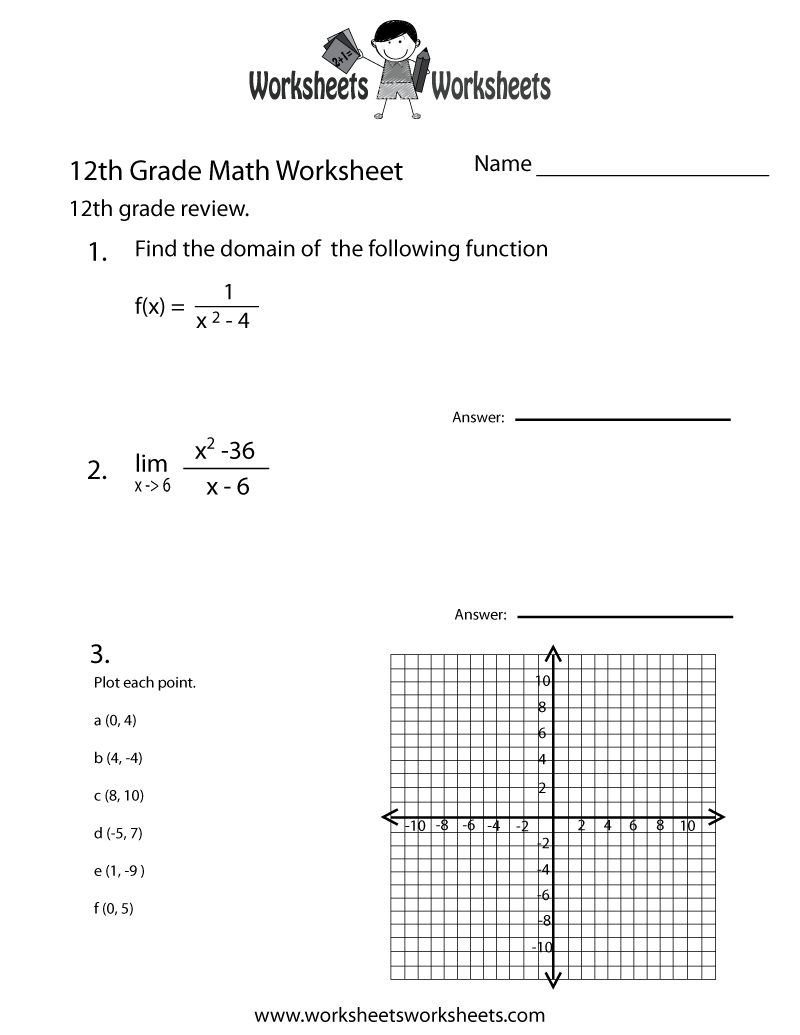 Free Printable Twelfth Grade Math Practice Worksheet in 12Th Grade Free Printable Worksheet