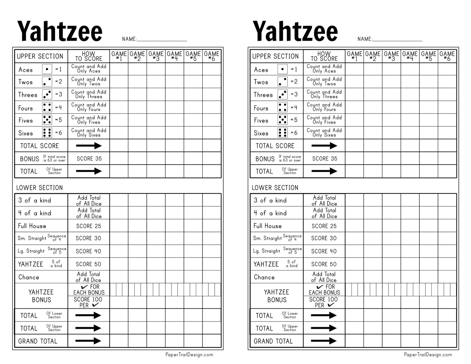 Free Printable Yahtzee Score Card - Paper Trail Design with regard to Yahtzee Score Card Printable Free Download