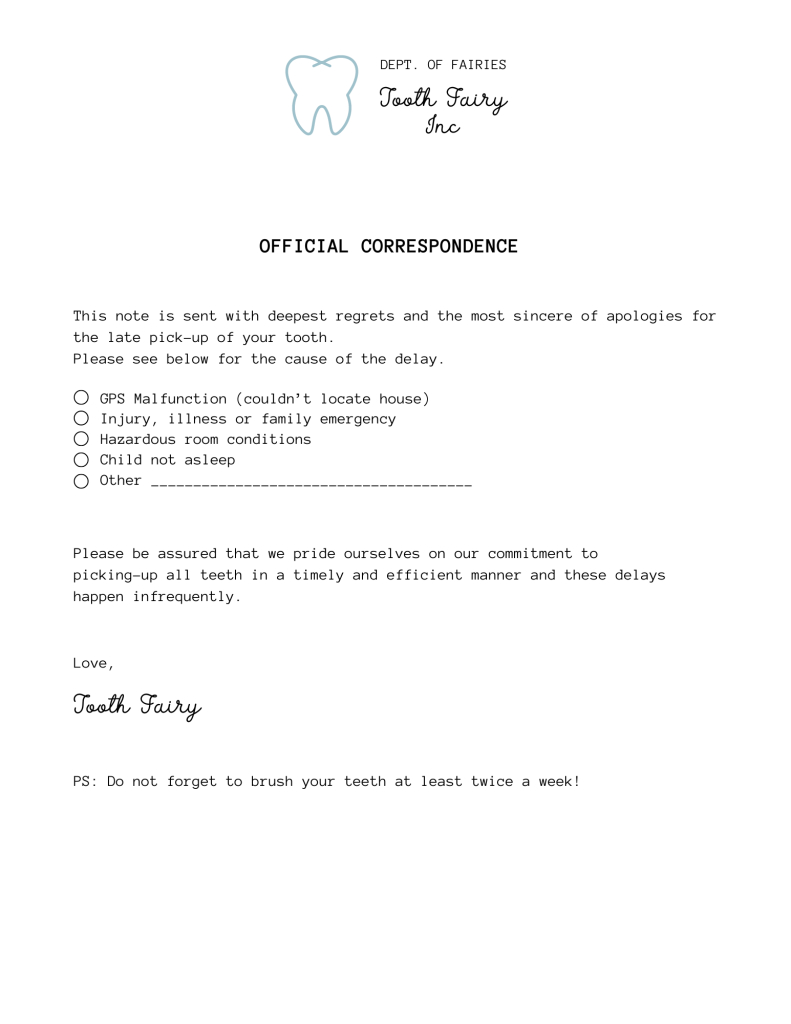Free Tooth Fairy Apology Letter And Receipt Printable - The pertaining to Tooth Fairy Late Letter Printable Free