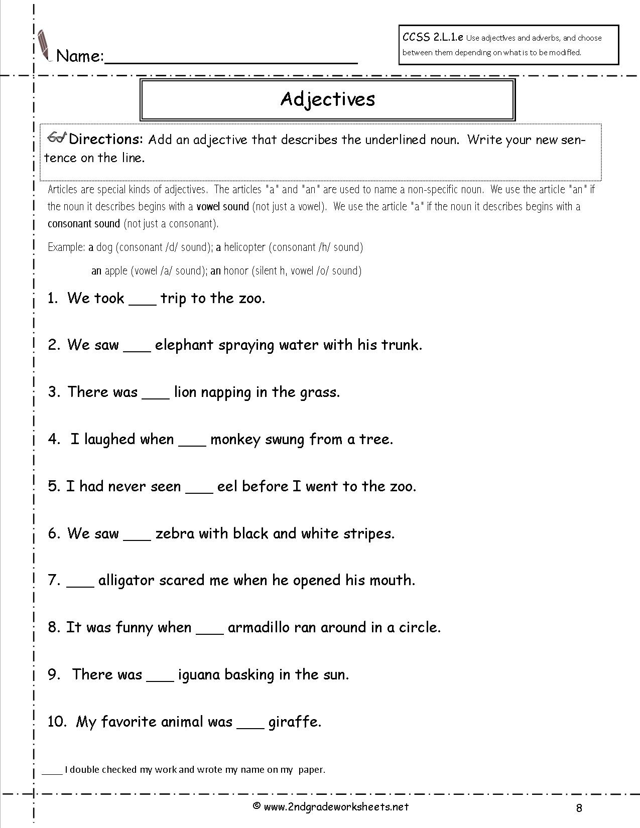 Free Using Adjectives Worksheets with regard to Printable Grammar Worksheets For Grade 2