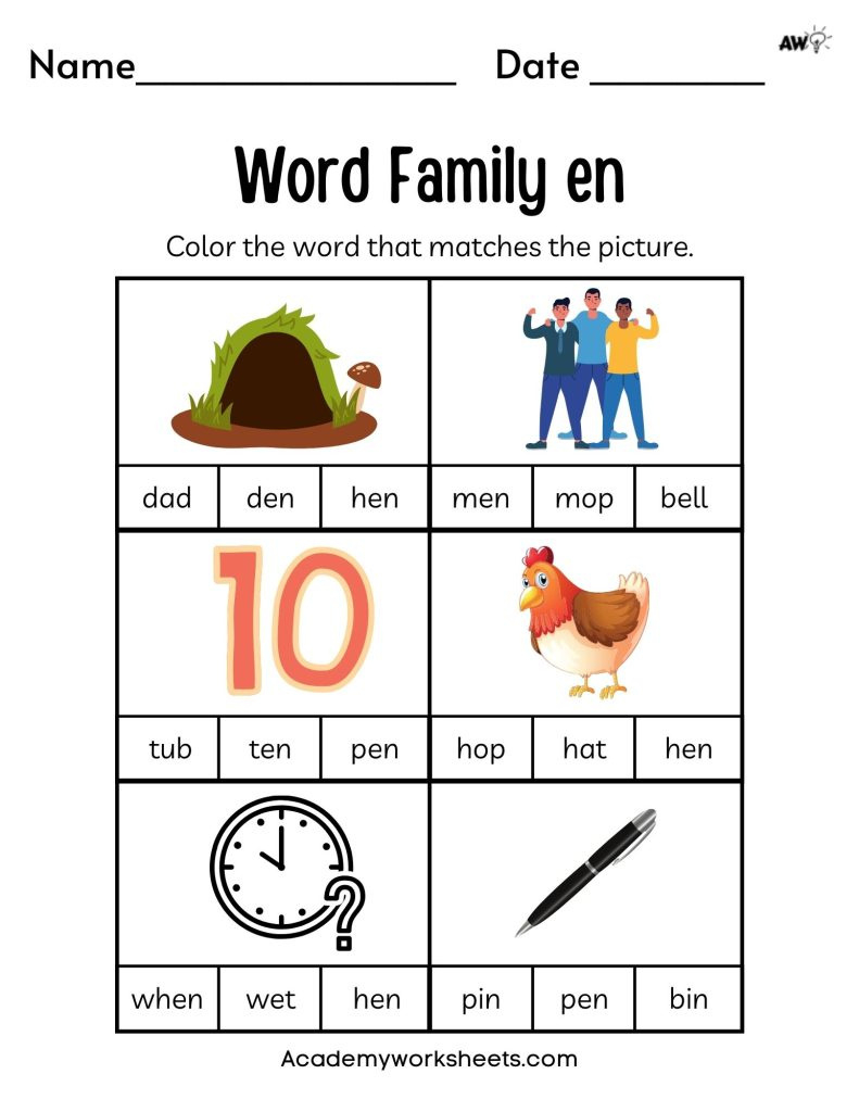 Free Word Family Worksheets - Short E - Academy Worksheets inside Free Word Family Printables