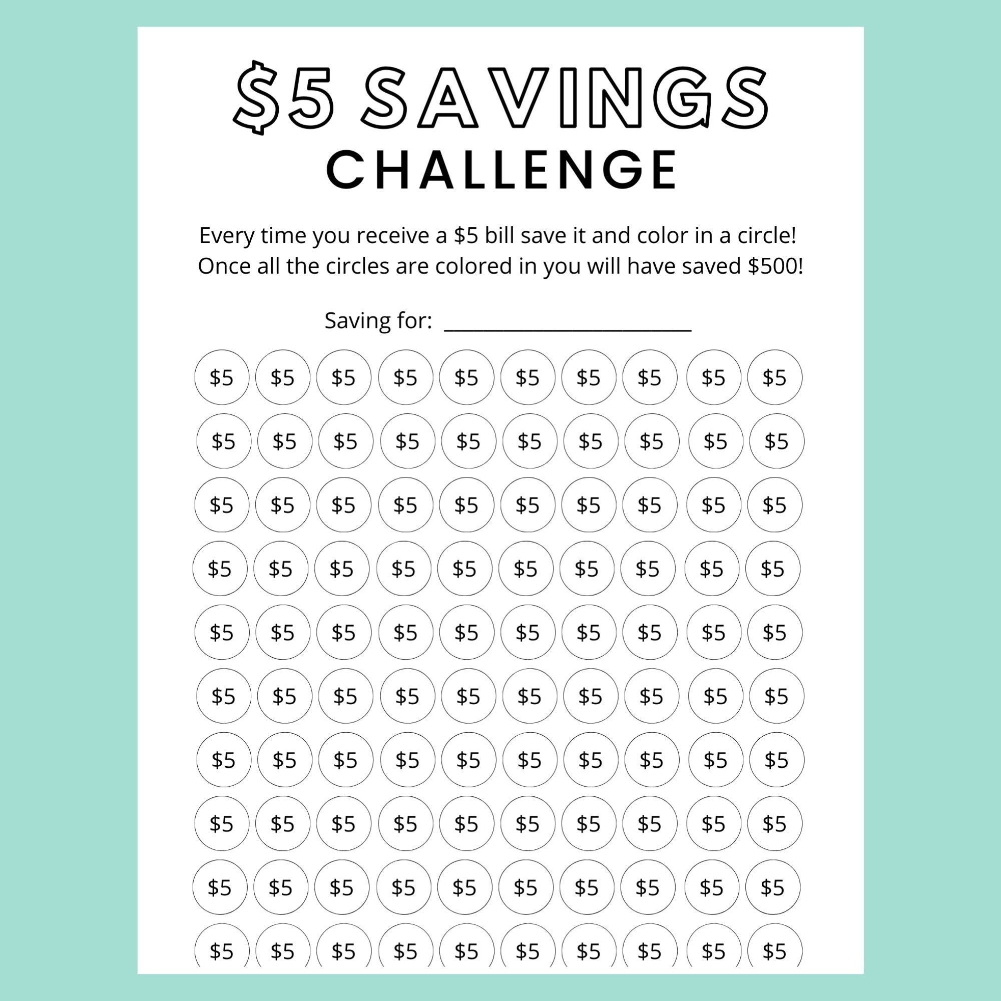 Geld Sparen Challenge Printable | 5 Dollar Spar Challenge | Spar-Tracker | Sparplaner in Printable 5 Dollar Challenge