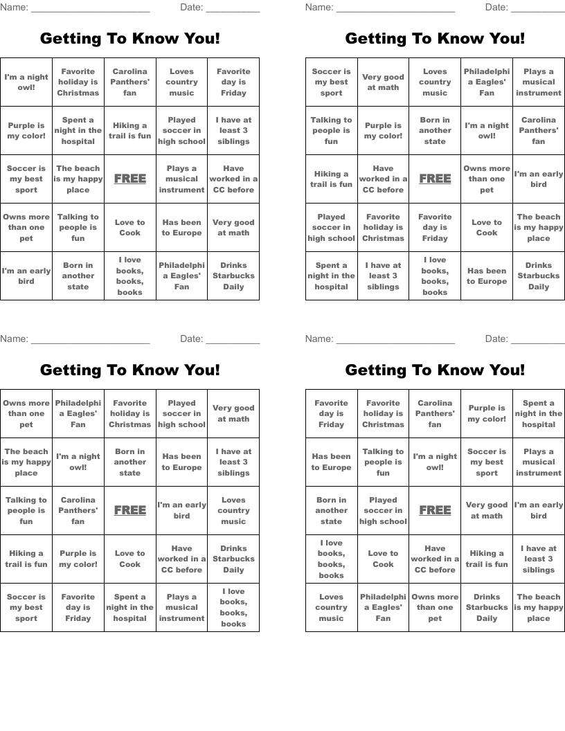 Getting To Know You! Bingo Cards - Wordmint throughout Get To Know You Bingo Card