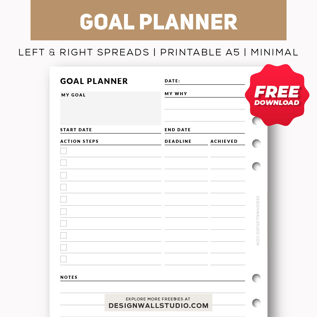 Goal Planner - Printable Insert (A5) – Free Pdf Download | Two Page Layout | 2 Versions regarding A5 Planner Free Printables