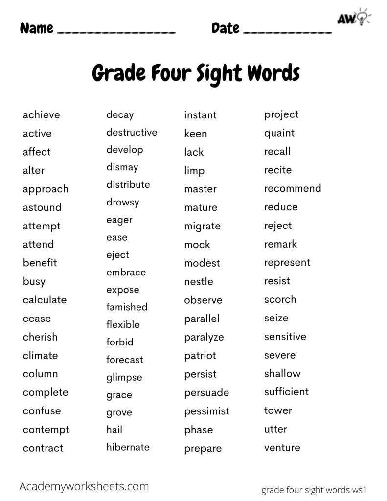 Grade Four Sight Words - Academy Worksheets regarding Vocabulary Printable Worksheets For 4Th Grade