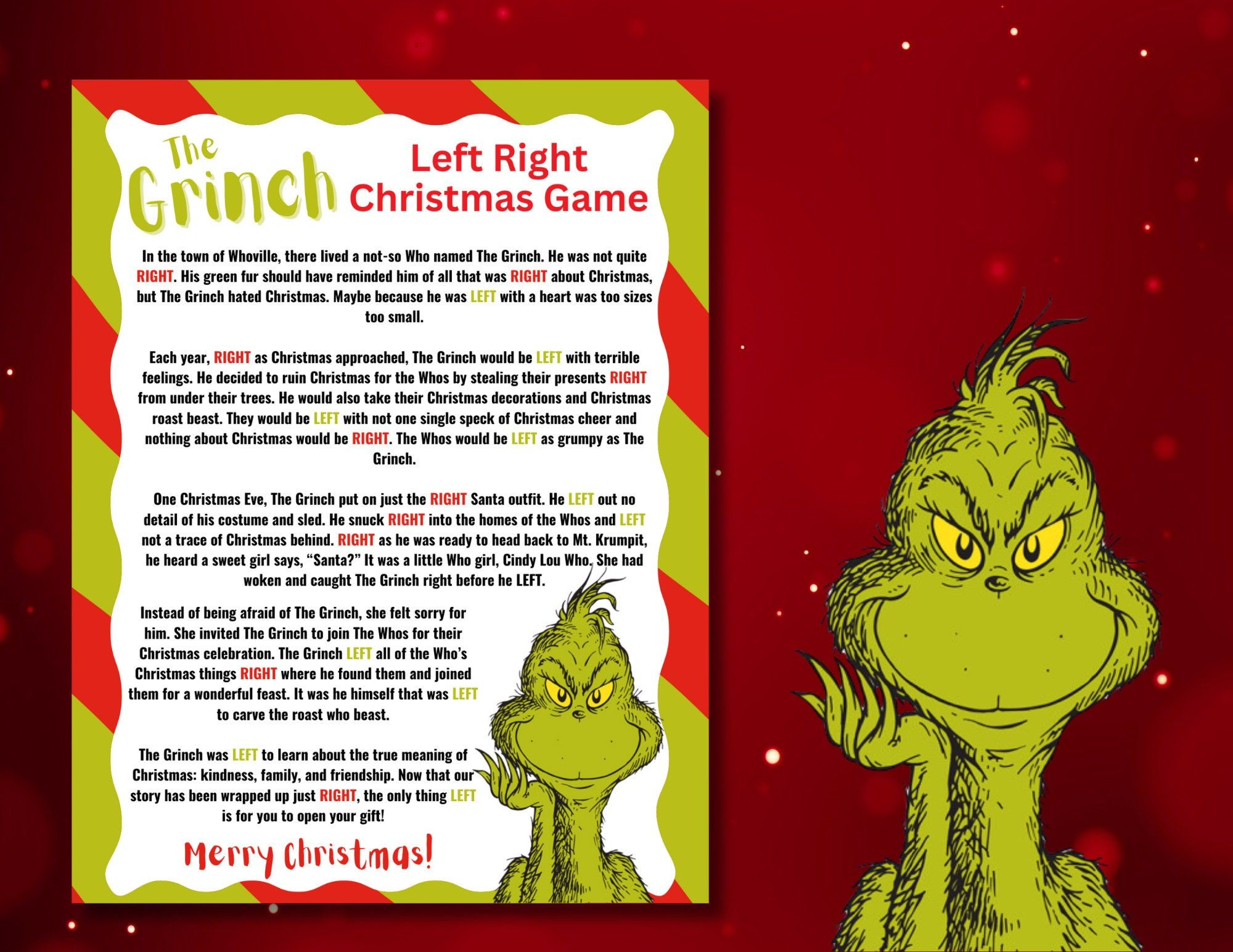 Grinch Left Right Christmas Game | Christmas Pass The Prize for Free Printable Grinch Left Right Game