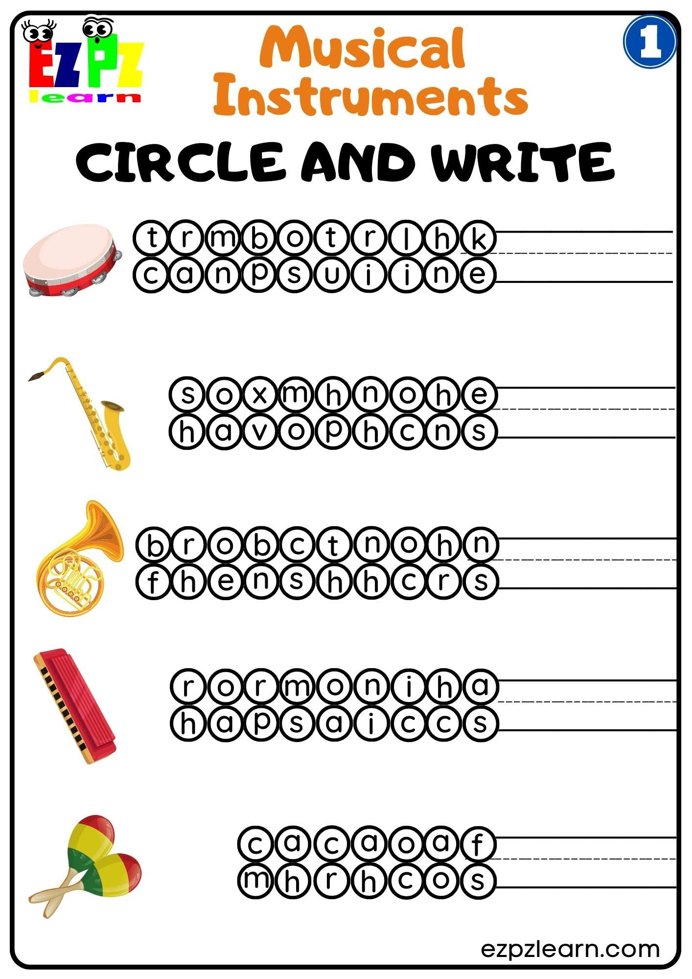 Group One Musical Instruments Circle And Write Worksheet Free Pdf inside Group Circle Worksheet Printable