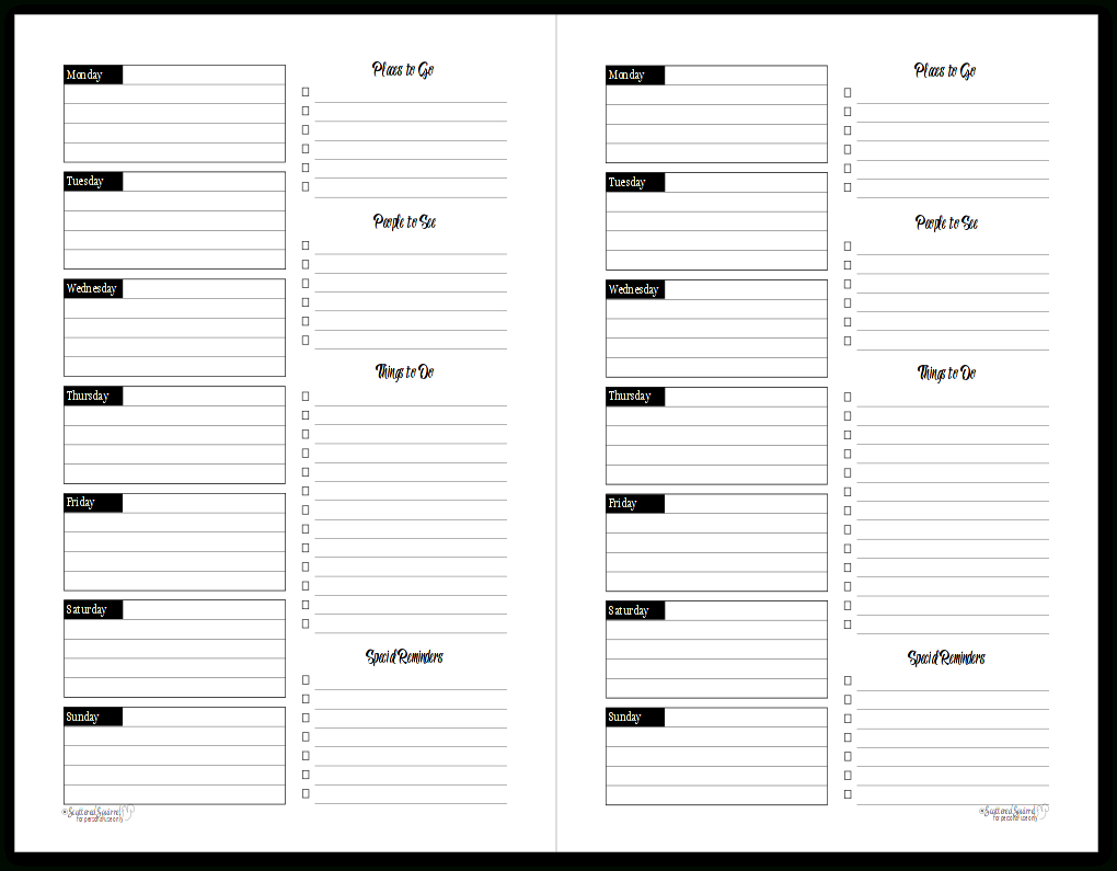 Half-Size Black And White Weekly Planner Printables with regard to Free Half Letter Planner Printables