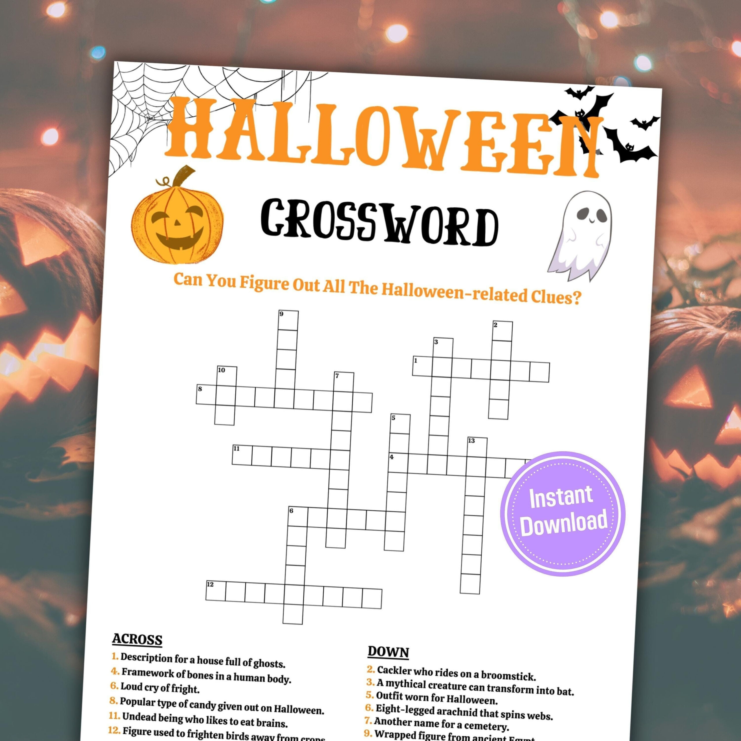 Halloween Crossword Game | Printable Halloween Word Puzzle | Halloween Party Game For Kids And Adults | Halloween Crossword Clues To Solve with Frameworks Puzzles Free Printable