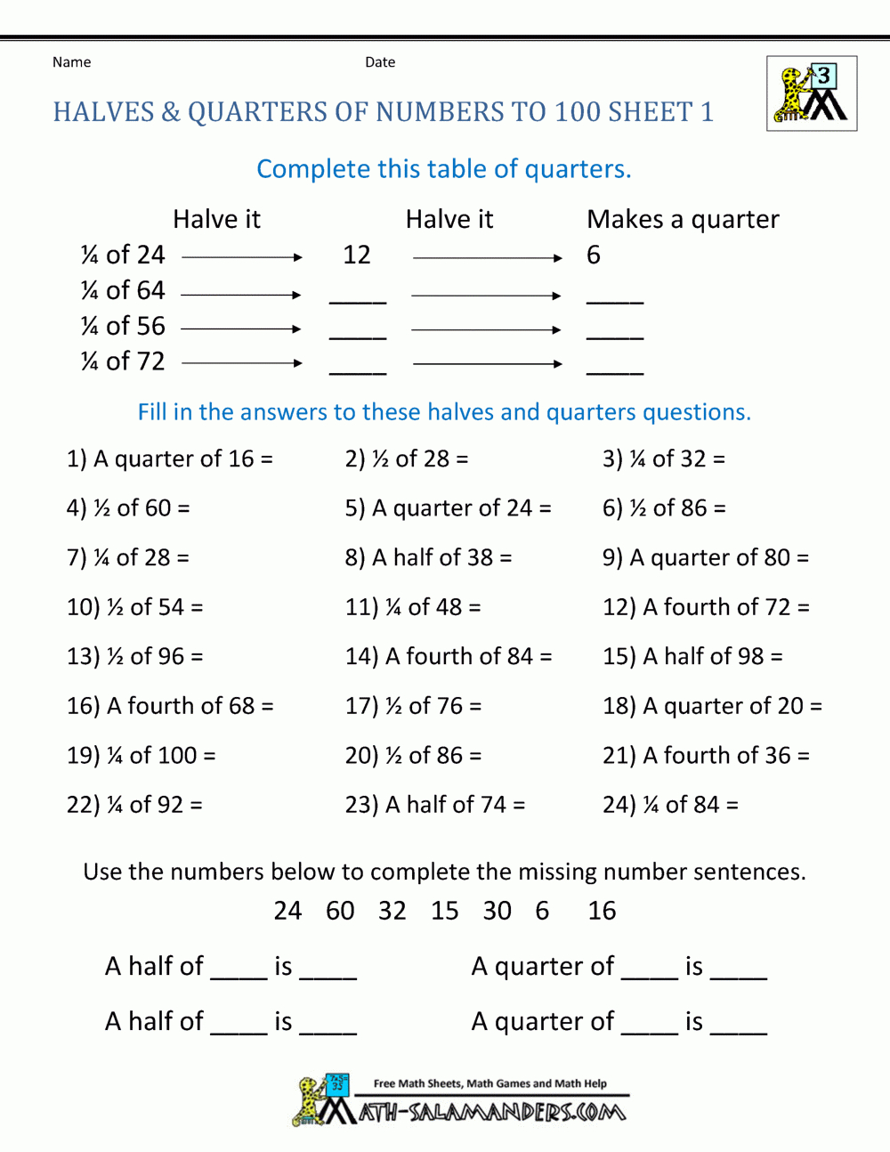 Halves And Quarters Up To 100 intended for Class 4 Maths Halves And Quarters Worksheet