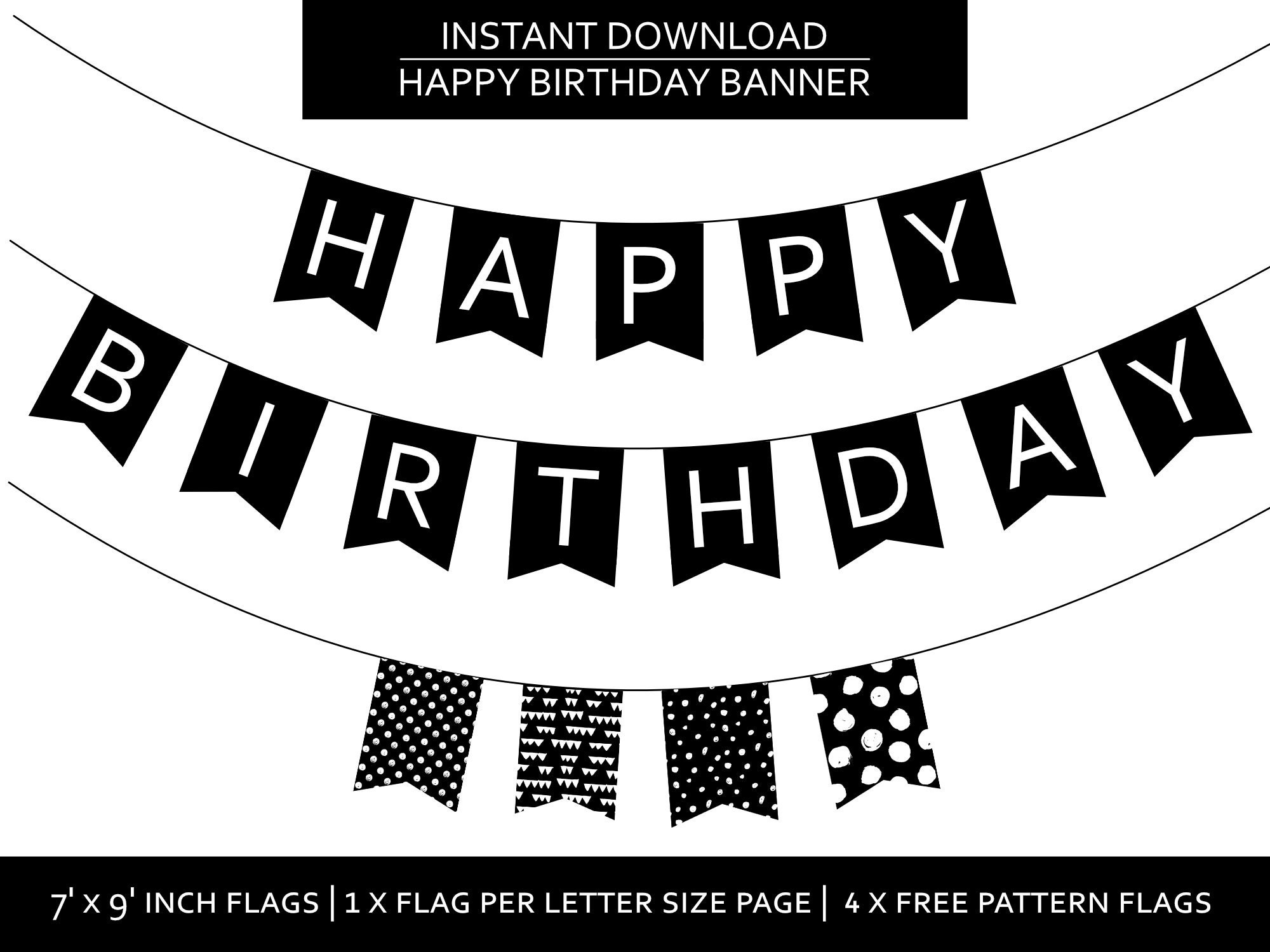 Happy Birthday Printable Banner, Party Black &amp;amp; White, Simple with Happy Birthday Printable Banner Black And White