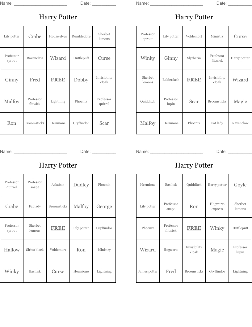 Harry Potter Bingo Cards - Wordmint inside Harry Potter Bingo Card