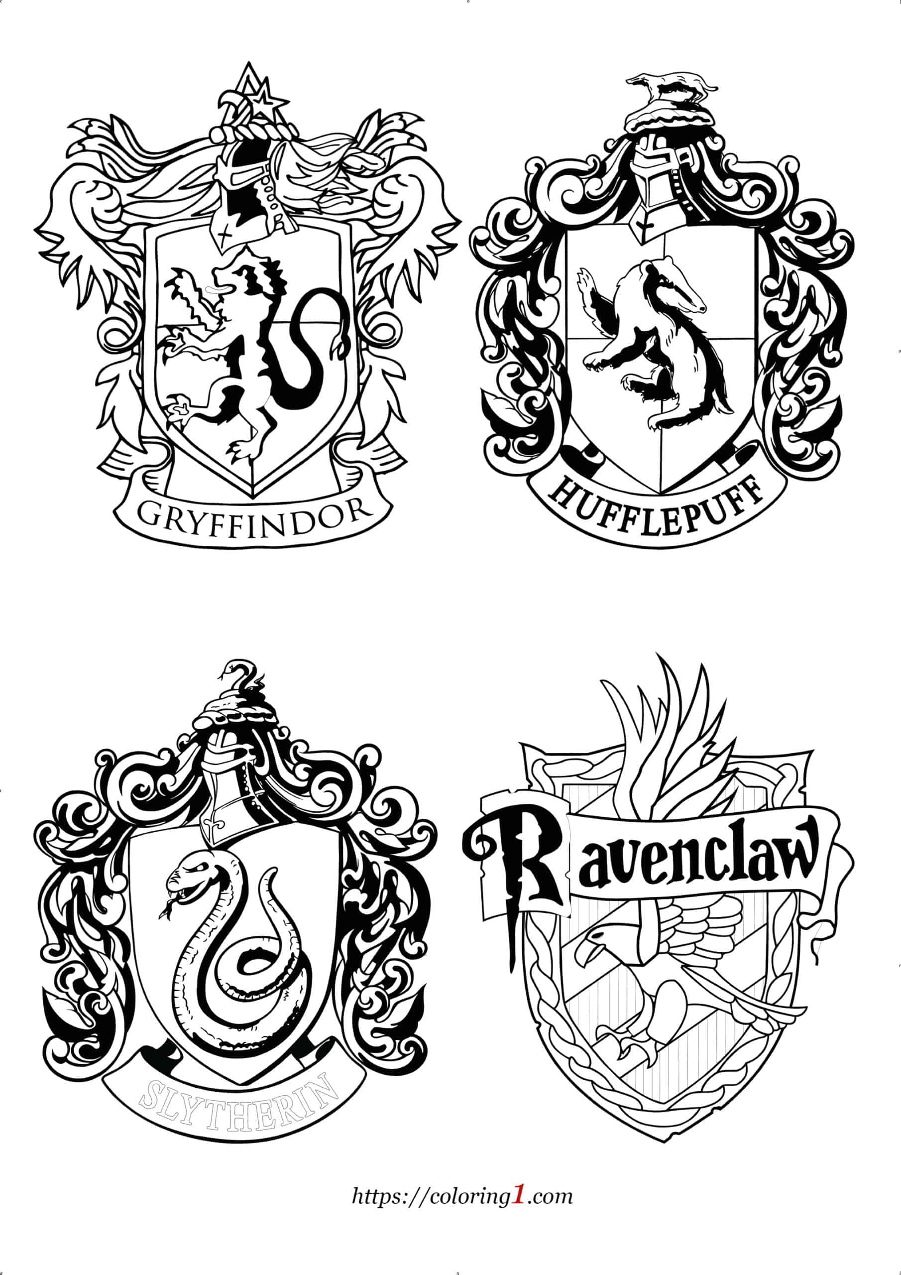 Harry Potter House Crests Coloring Pages - 2 Free Coloring Sheets in Printable Hogwarts House Crests